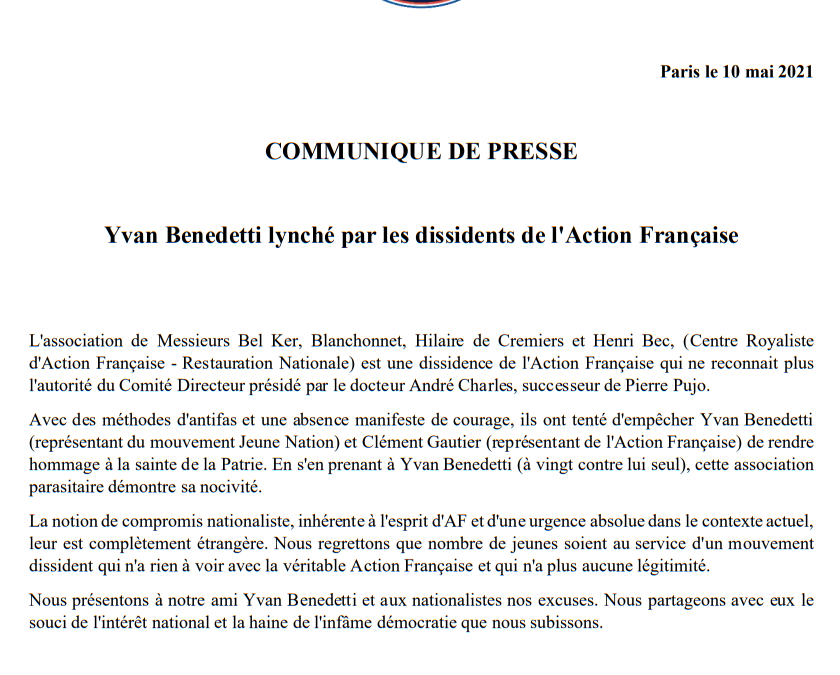Communiqué de presse – Yvan Benedetti lynché par les dissidents de l’Action Française